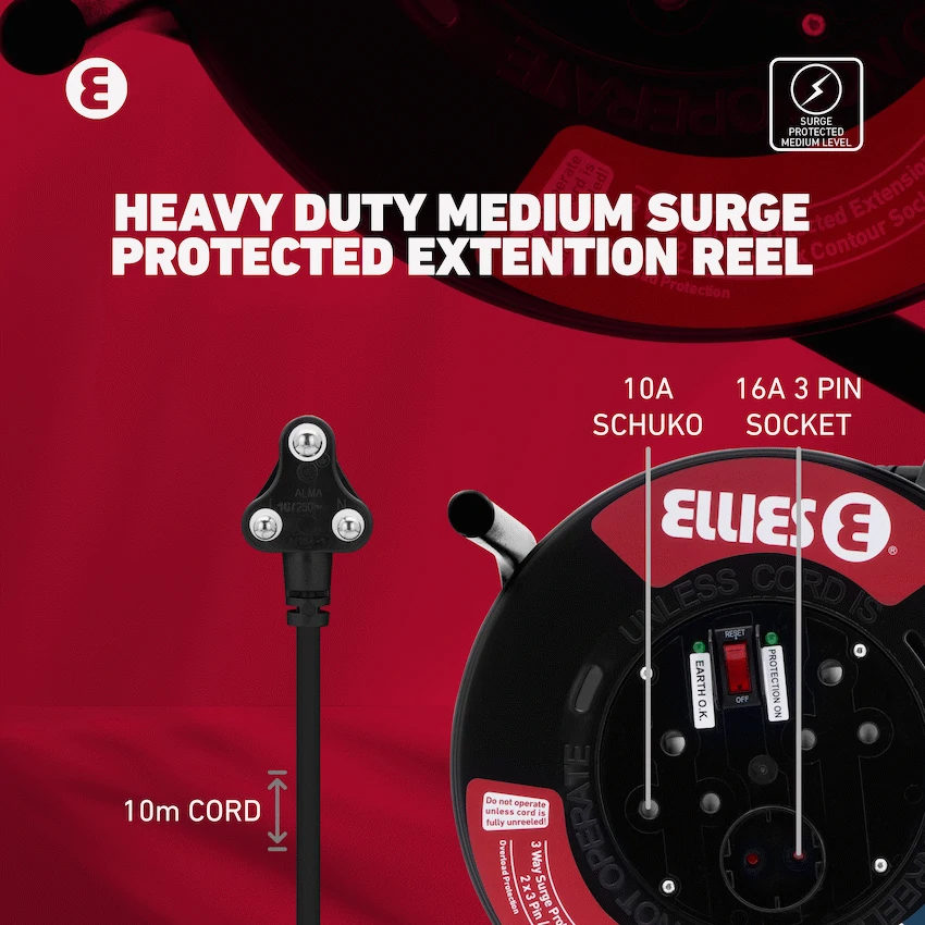 Ellies Heavy Duty Medium Surge Protected Extension Reel 10m - Black - Image 10