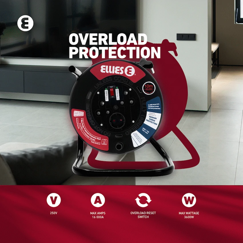 Ellies Heavy Duty Medium Surge Protected Extension Reel 10m - Black - Image 9