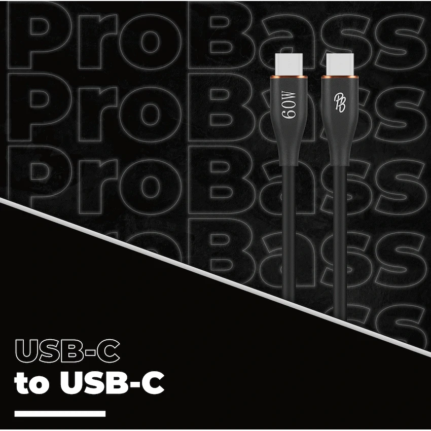 Pro Bass FlexiCord Series 2m 60w Type-C to Type-C Charging Cable - Black - Image 3