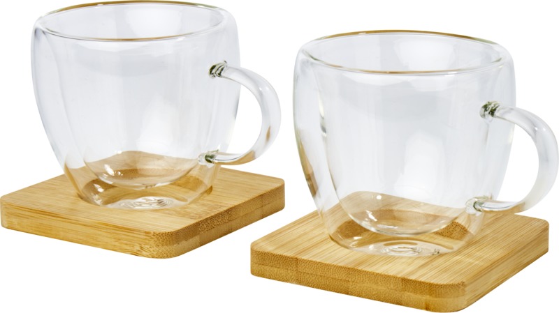 Manti 2-piece 100 ml double-wall glass cup with bamboo coaster - Image 5