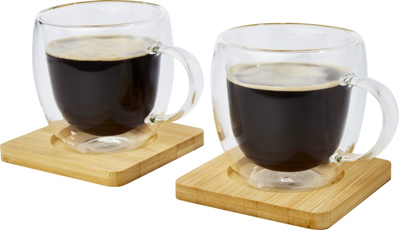 Manti 2-piece 250 ml double-wall glass cup with bamboo coaster - Image 3