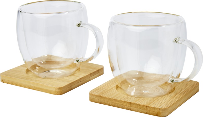 Manti 2-piece 250 ml double-wall glass cup with bamboo coaster - Image 5