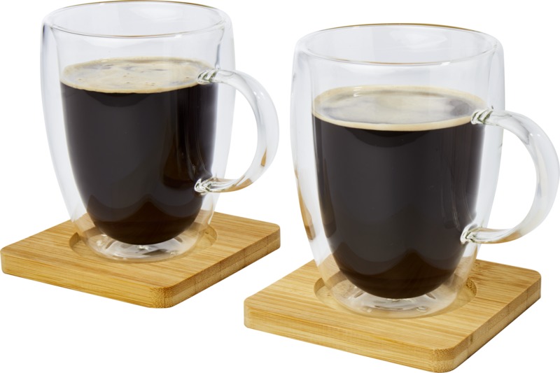 Manti 2-piece 350 ml double-wall glass cup with bamboo coaster - Image 3