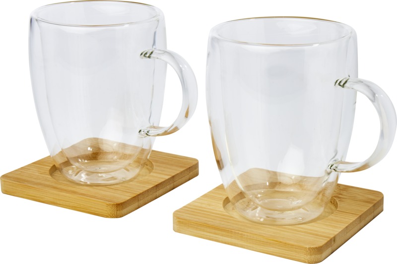 Manti 2-piece 350 ml double-wall glass cup with bamboo coaster - Image 5