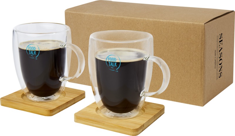 Manti 2-piece 350 ml double-wall glass cup with bamboo coaster - Image 8