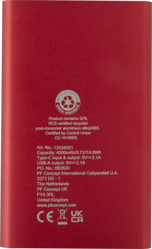 Pep 4000 mAh Type-C recycled aluminium power bank - Image 3