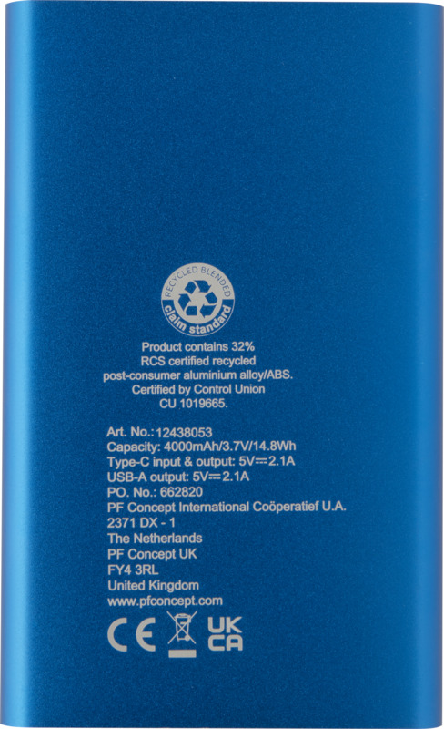 Pep 4000 mAh Type-C recycled aluminium power bank - Image 11