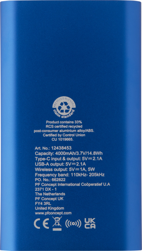 Juice 4000 mAh Type-C recycled aluminium wireless power bank - Image 11