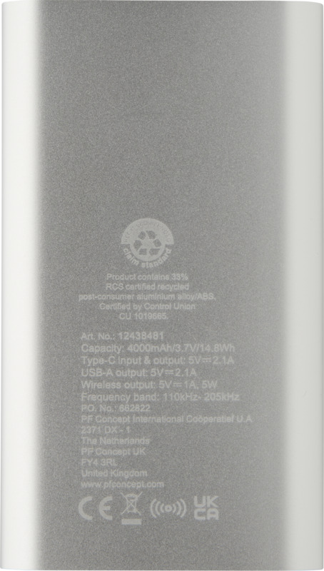 Juice 4000 mAh Type-C recycled aluminium wireless power bank - Image 19