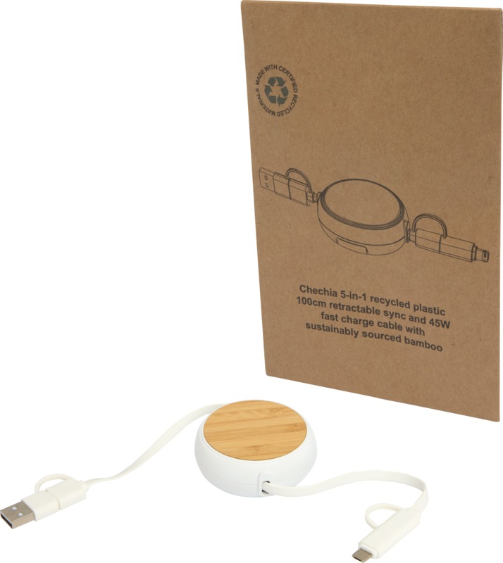 Chechia 5-in-1 recycled plastic 100 cm retractable data sync and 45W fast charge cable