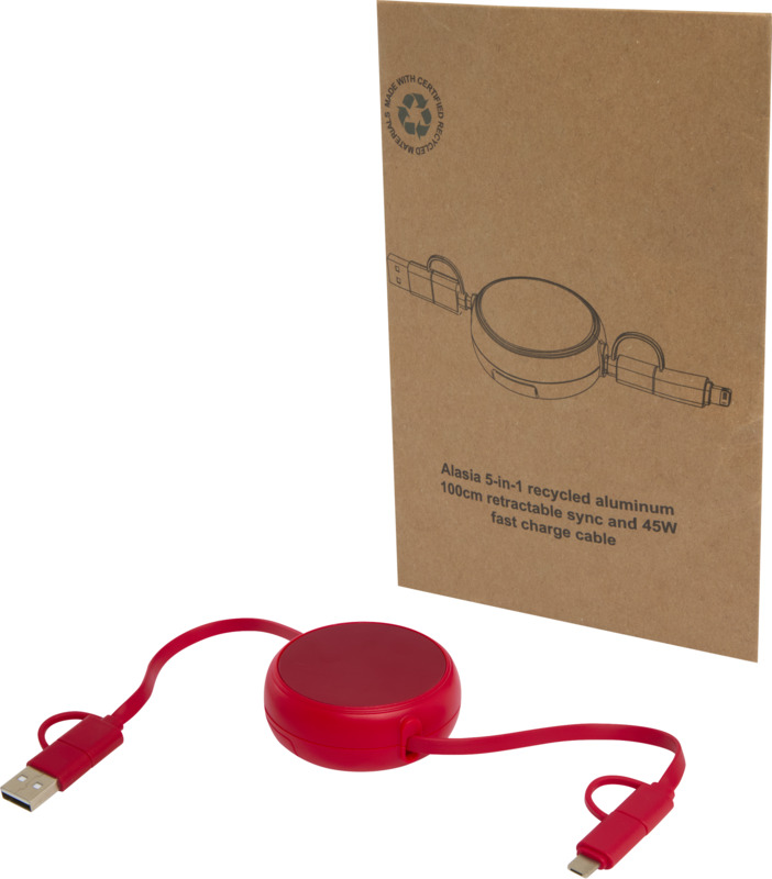 Alasia 5-in-1 100 cm recycled plastic and aluminium retractable data sync and 45W fast charge cable