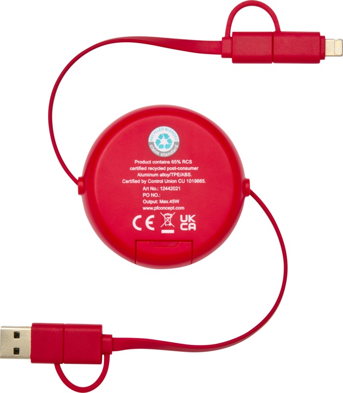 Alasia 5-in-1 100 cm recycled plastic and aluminium retractable data sync and 45W fast charge cable - Image 3