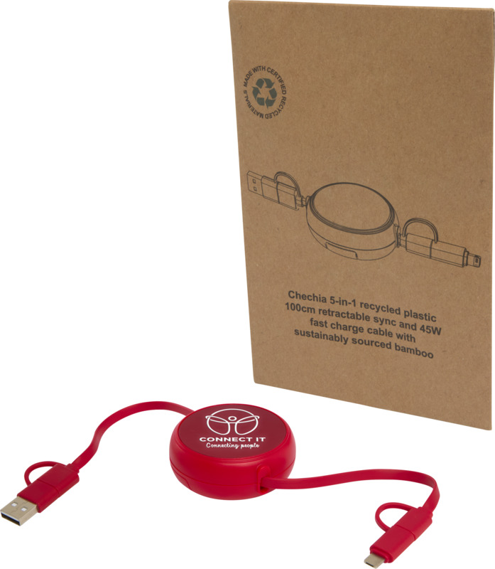 Alasia 5-in-1 100 cm recycled plastic and aluminium retractable data sync and 45W fast charge cable - Image 8