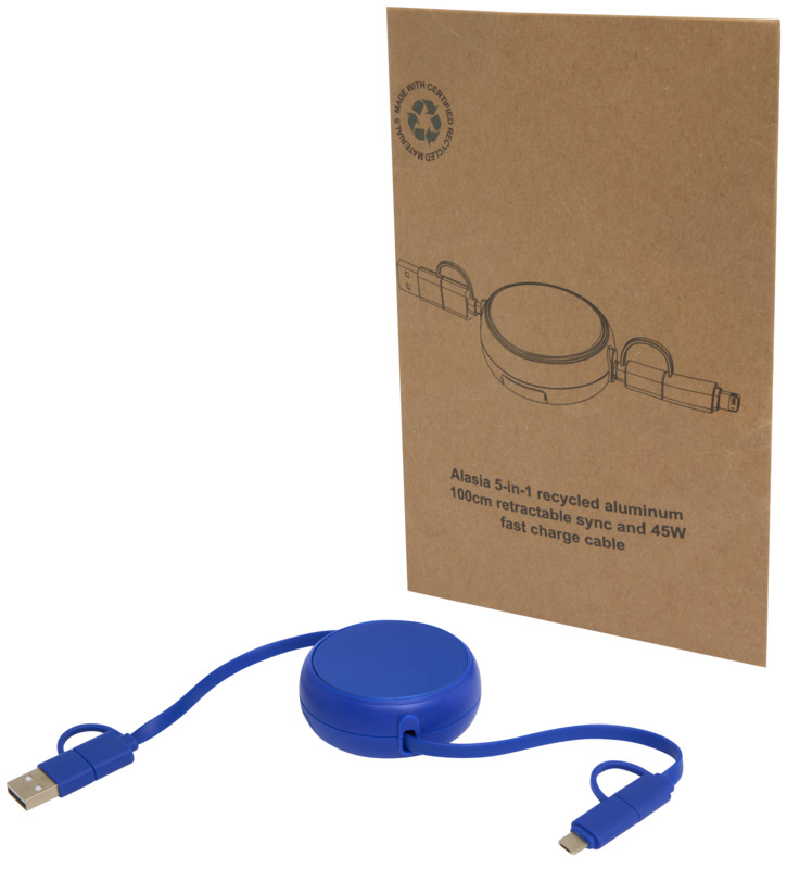 Alasia 5-in-1 100 cm recycled plastic and aluminium retractable data sync and 45W fast charge cable - Image 9