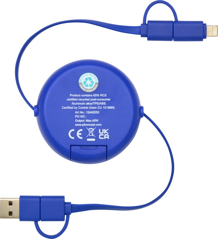 Alasia 5-in-1 100 cm recycled plastic and aluminium retractable data sync and 45W fast charge cable - Image 11