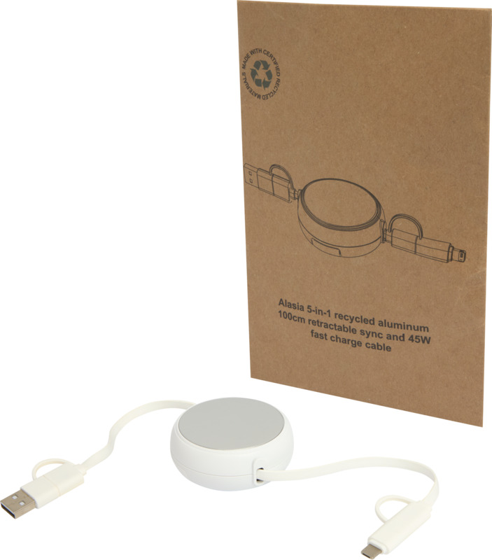 Alasia 5-in-1 100 cm recycled plastic and aluminium retractable data sync and 45W fast charge cable - Image 17