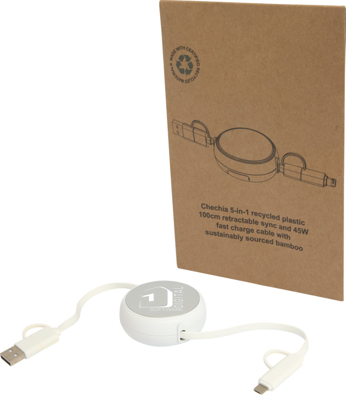 Alasia 5-in-1 100 cm recycled plastic and aluminium retractable data sync and 45W fast charge cable - Image 24