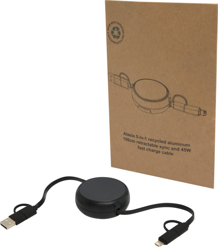 Alasia 5-in-1 100 cm recycled plastic and aluminium retractable data sync and 45W fast charge cable - Image 25