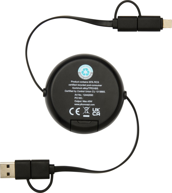 Alasia 5-in-1 100 cm recycled plastic and aluminium retractable data sync and 45W fast charge cable - Image 27