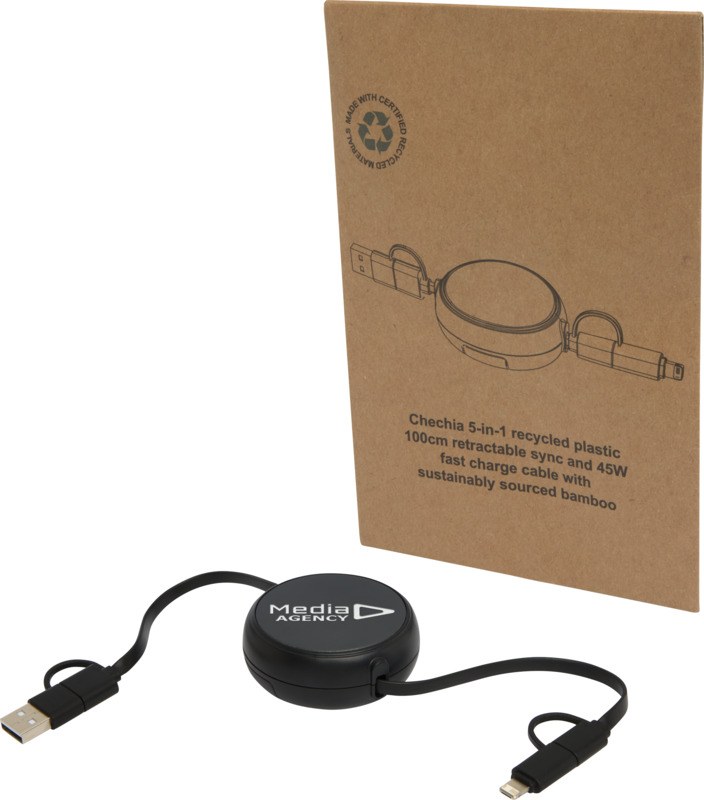 Alasia 5-in-1 100 cm recycled plastic and aluminium retractable data sync and 45W fast charge cable - Image 32