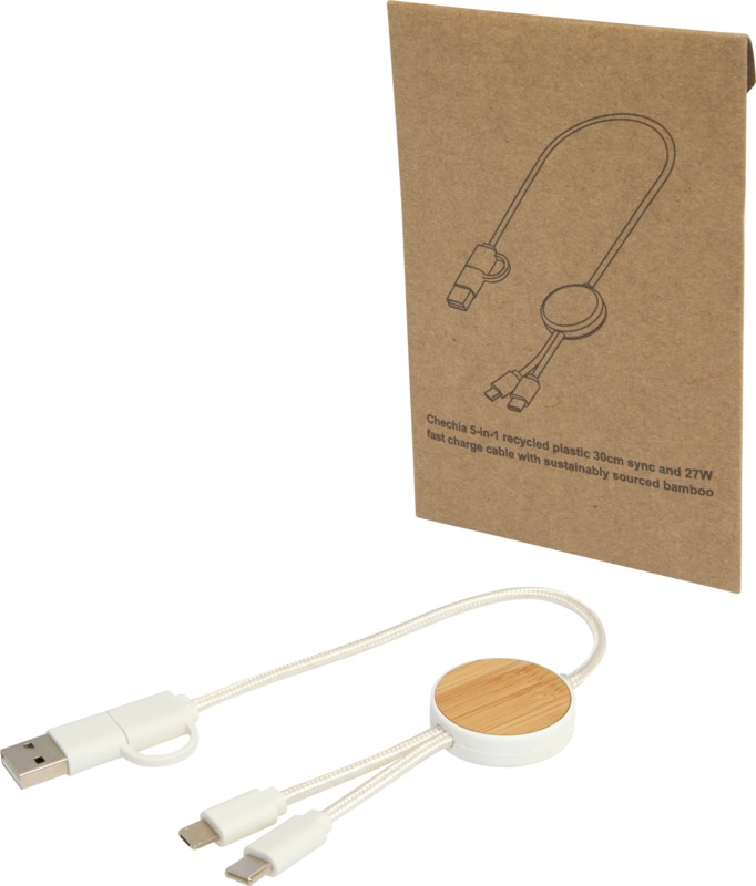 Chechia 5-in-1 recycled plastic 30 cm data sync and 27W fast charge cable with bamboo details