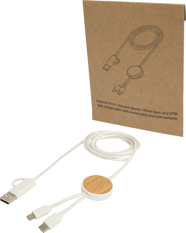 Chechia 5-in-1 recycled plastic 150 cm data sync and 27W fast charge cable with bamboo details