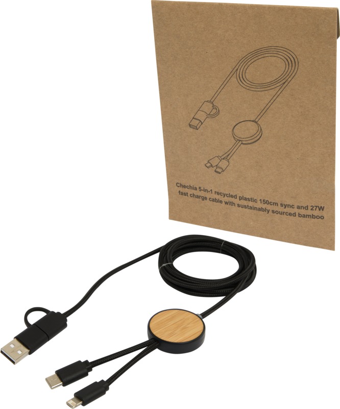 Chechia 5-in-1 recycled plastic 150 cm data sync and 27W fast charge cable with bamboo details - Image 9