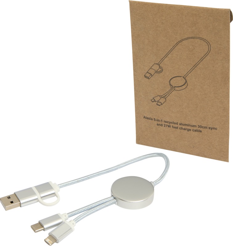 Alasia 5-in-1 recycled aluminium and plastic 30 cm data sync and 27W fast charge cable - Image 17