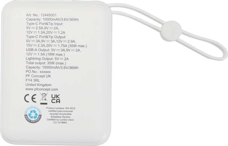 Acrux 10.000 mAh 35W tablet power bank with built in Type-C cable - made from recycled plastic - Image 3