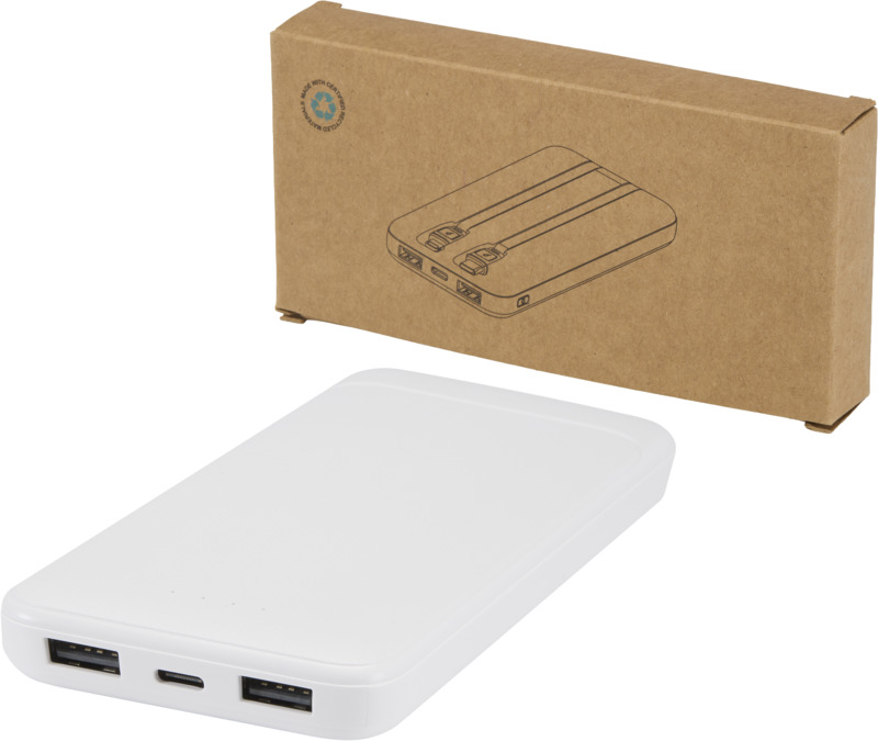 Adhil 10.000 mAh 10W recycled plastic power bank with 2 built-in cables