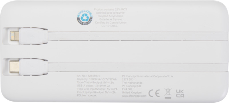 Adhil 10.000 mAh 10W recycled plastic power bank with 2 built-in cables - Image 3