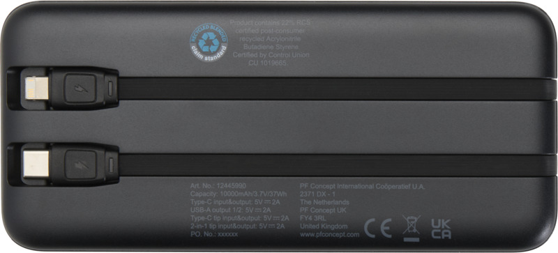 Adhil 10.000 mAh 10W recycled plastic power bank with 2 built-in cables - Image 11