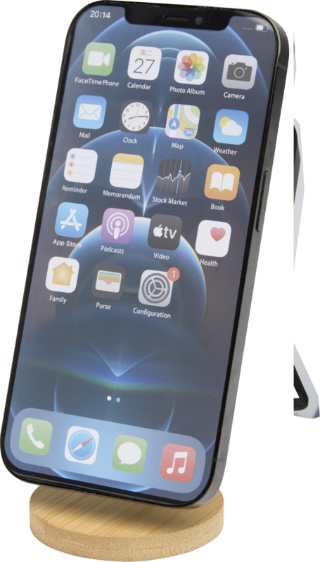 Alcor recycled plastic foldeable magnetic phone stand with bamboo details