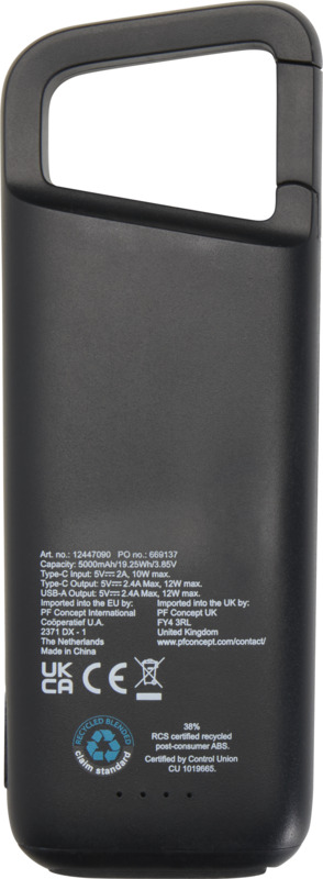Alkes 5000 mAh 12W recycled plastic water resistant power bank with carabiner - Image 11