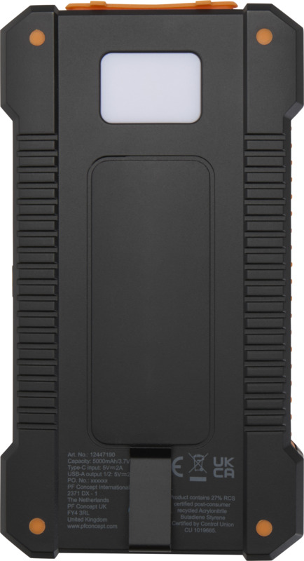 Altair 5000 mAh 10W recycled plastic rugged solar power bank with built-in torch - Image 3