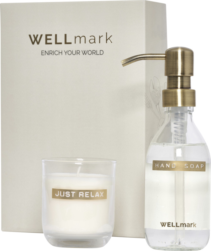 Wellmark Discovery 250 ml hand soap dispenser and 150 g scented candle set