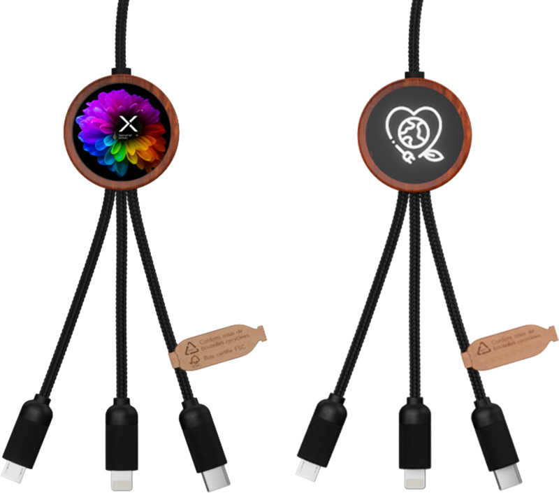 SCX.design C37 40W 5-in-1 rPET light-up logo charging cable with round wooden casing
