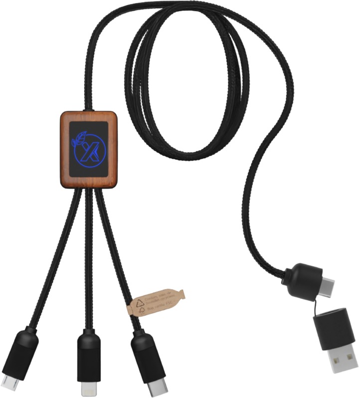 SCX.design C38 40W 5-in-1 rPET light-up logo charging cable with squared wooden casing
