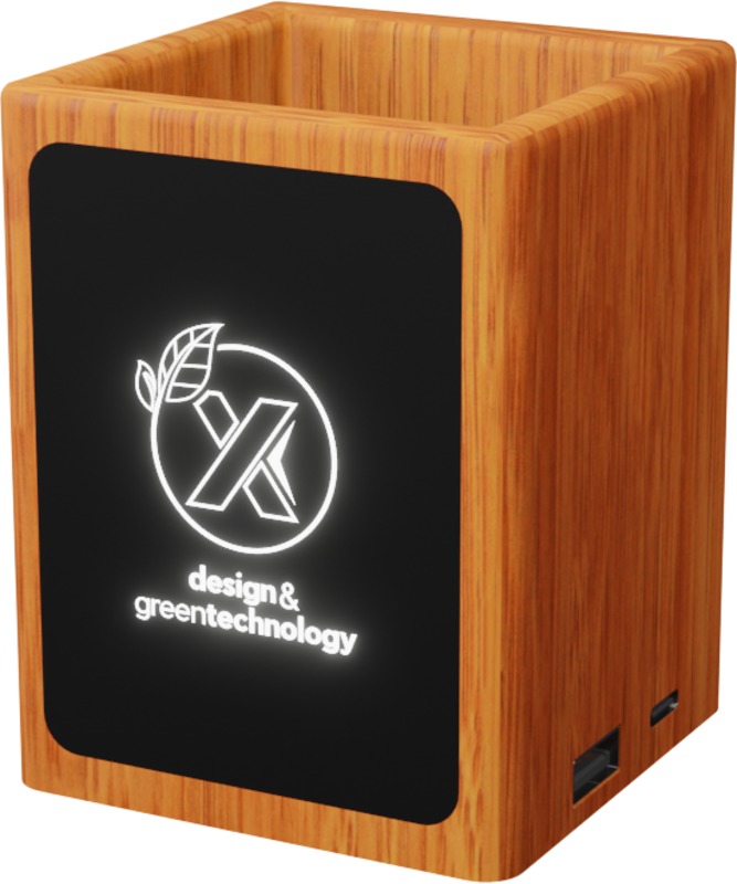 SCX.design O12 wooden light-up logo pencil holder with dual USB output