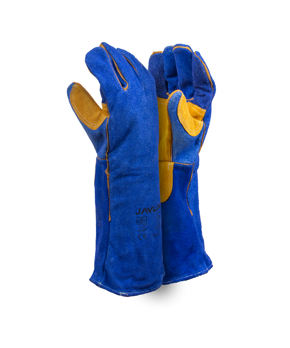 Premium Blue Leather Lined Welding Gloves With Yellow Palm Reinforcing - 20cm Cuff - Blue / As Supplied