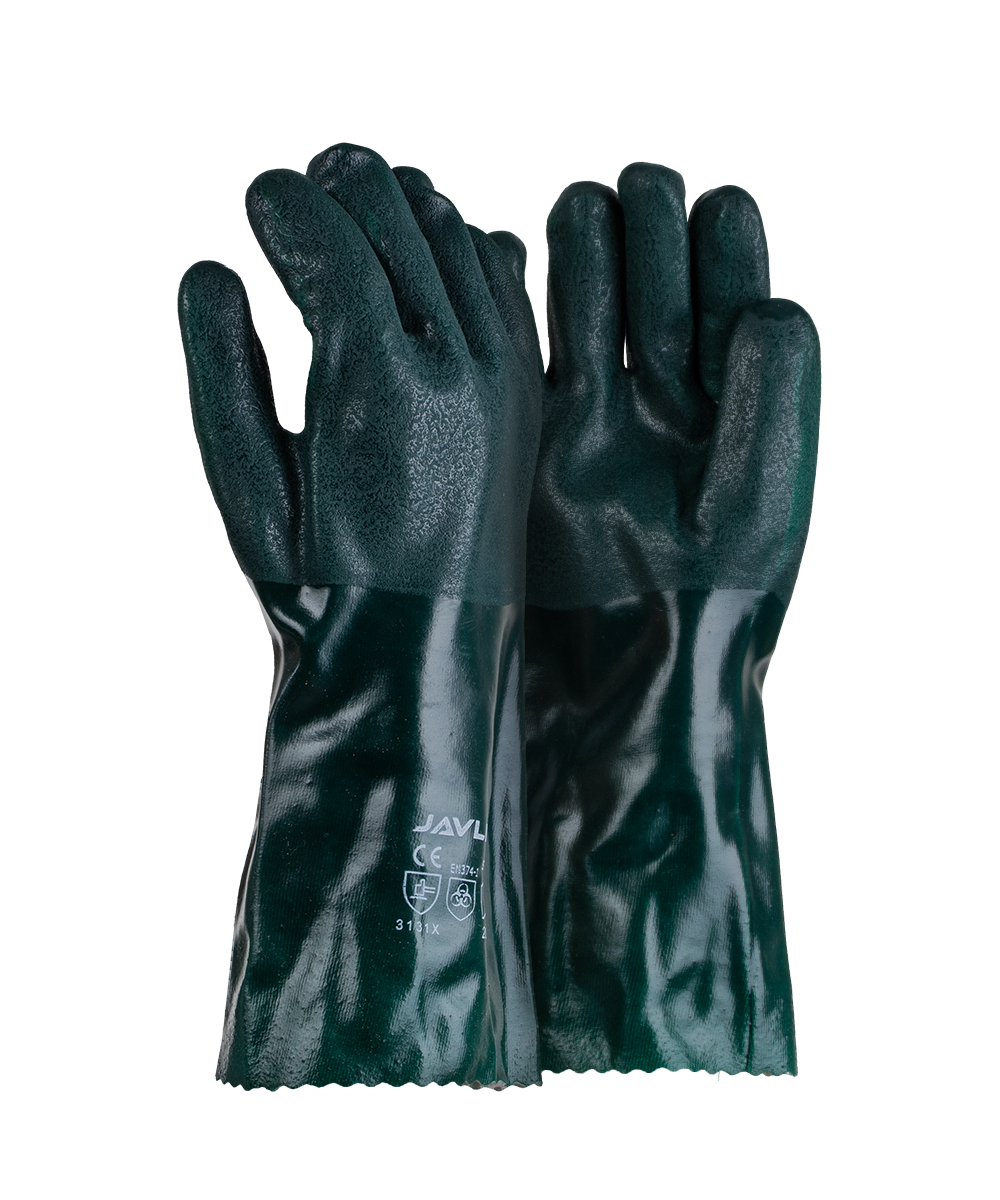 Green PVC Double Dipped Sandy Finish Gloves - 35cm