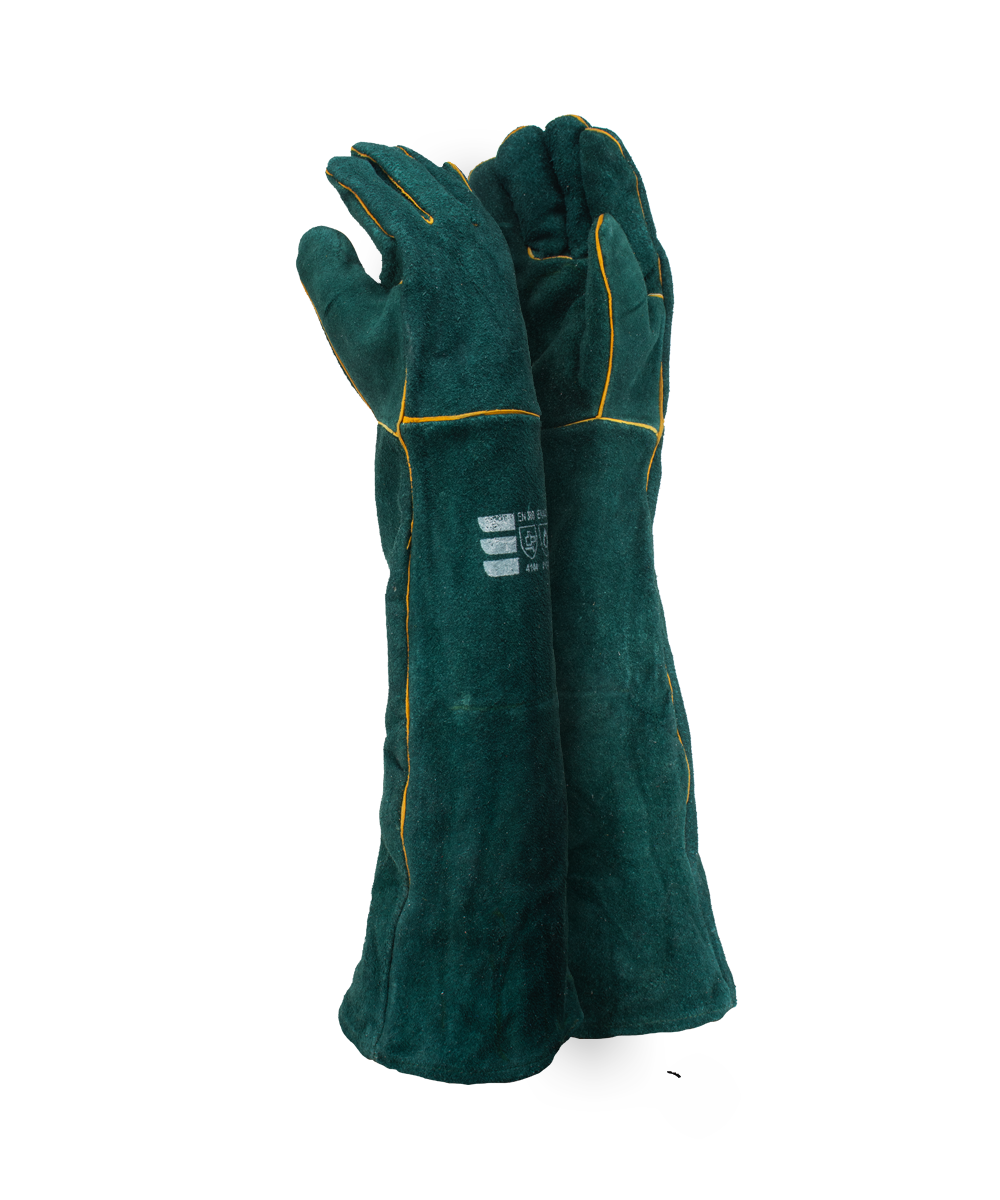 Green Leather Fully Welted Lined Gloves - 40cm Cuff