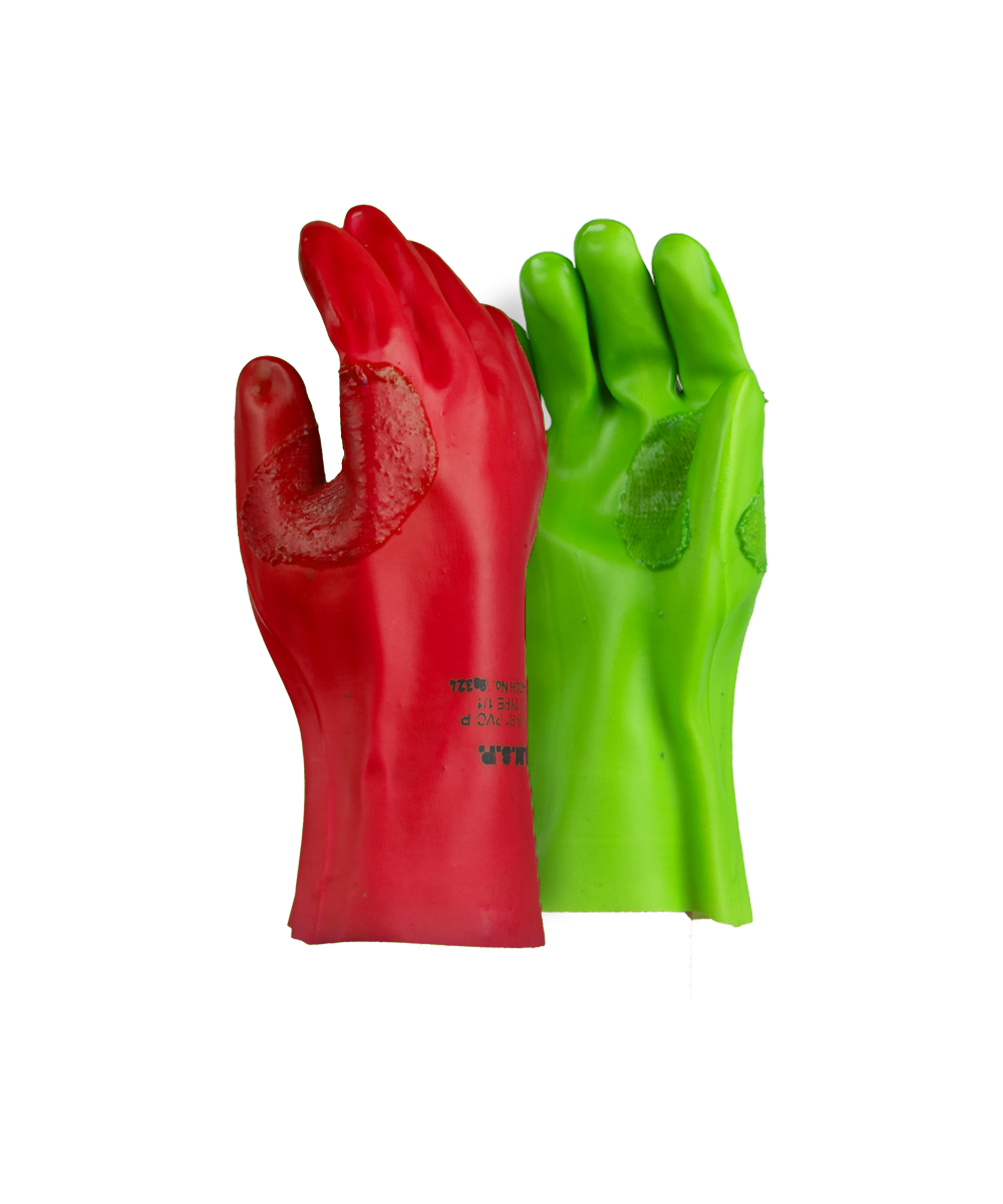 Red Left & Green Right PVC Reinforced Miner's Gloves - 27cm