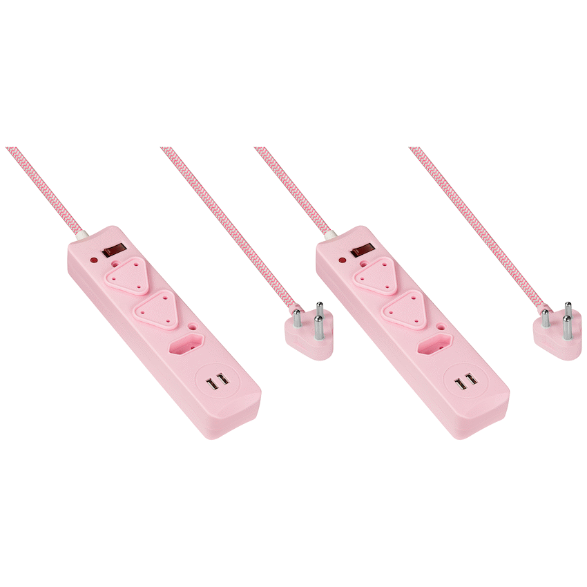 2x 3 Way Surge  Multiplug with Dual  USBs Pink-3M