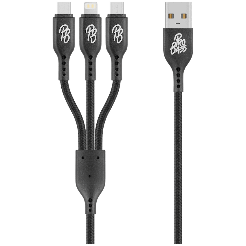 Pro Bass Braided 3-in-1 Charge Cable 1m - Black