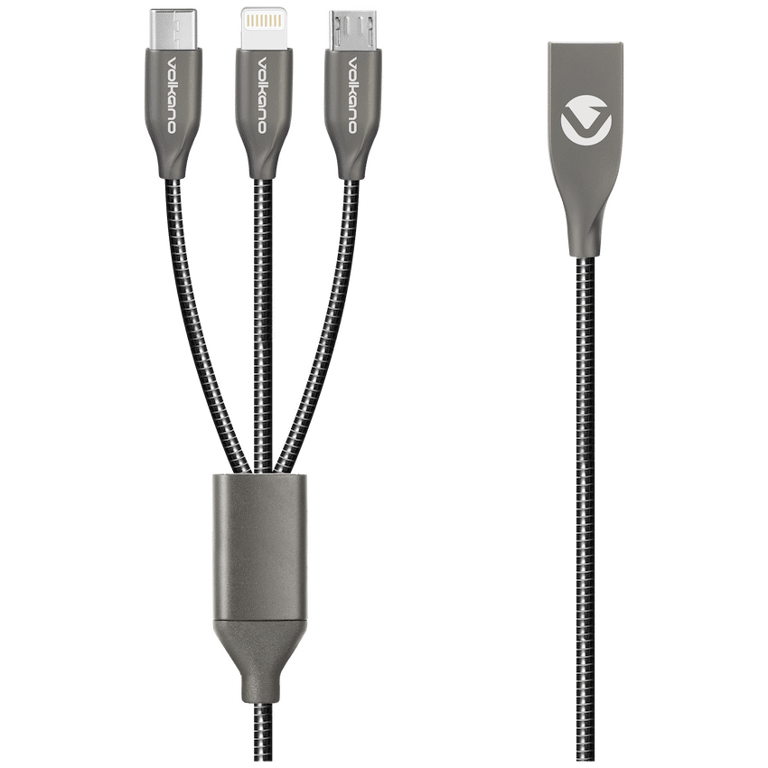 Volkano Iron Series Round Metallic Spring 3-in-1 (Type-C/Lightning/Micro) Cable 1m - Black