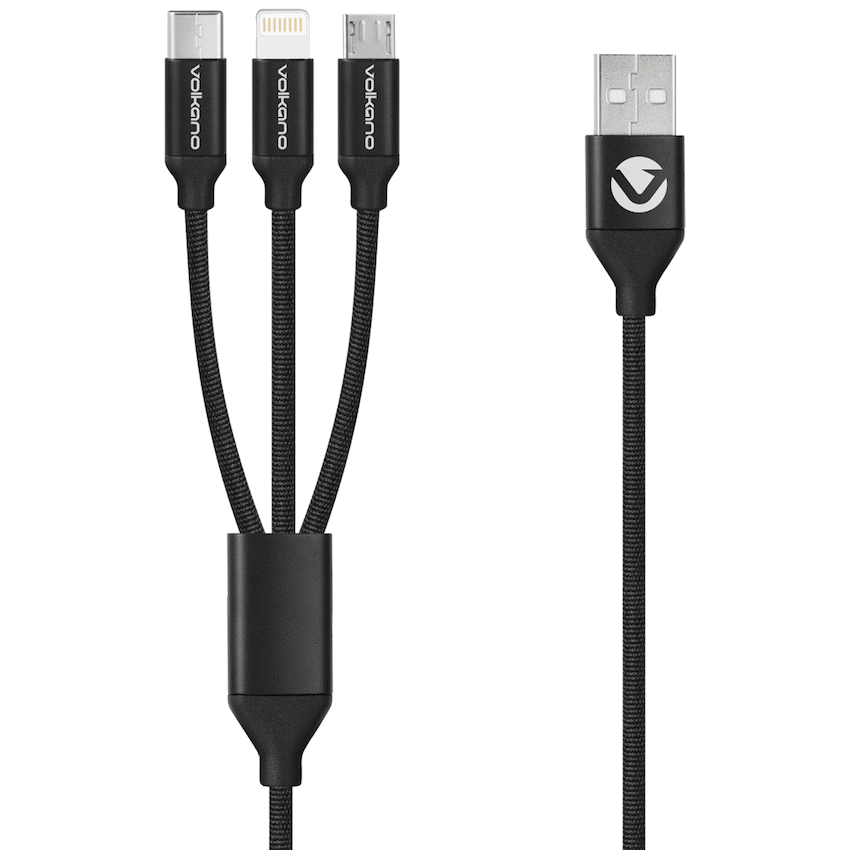 Volkano Weave Series Fabric Braided 3-in-1 (Type-C/Lightning/Micro) Cable 1m - Black