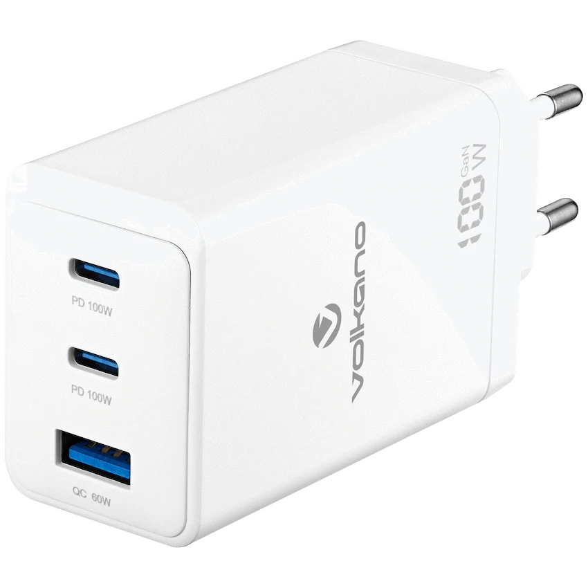 Volkano WattPro Series Triple Port 100W GanN Wall Charger - White