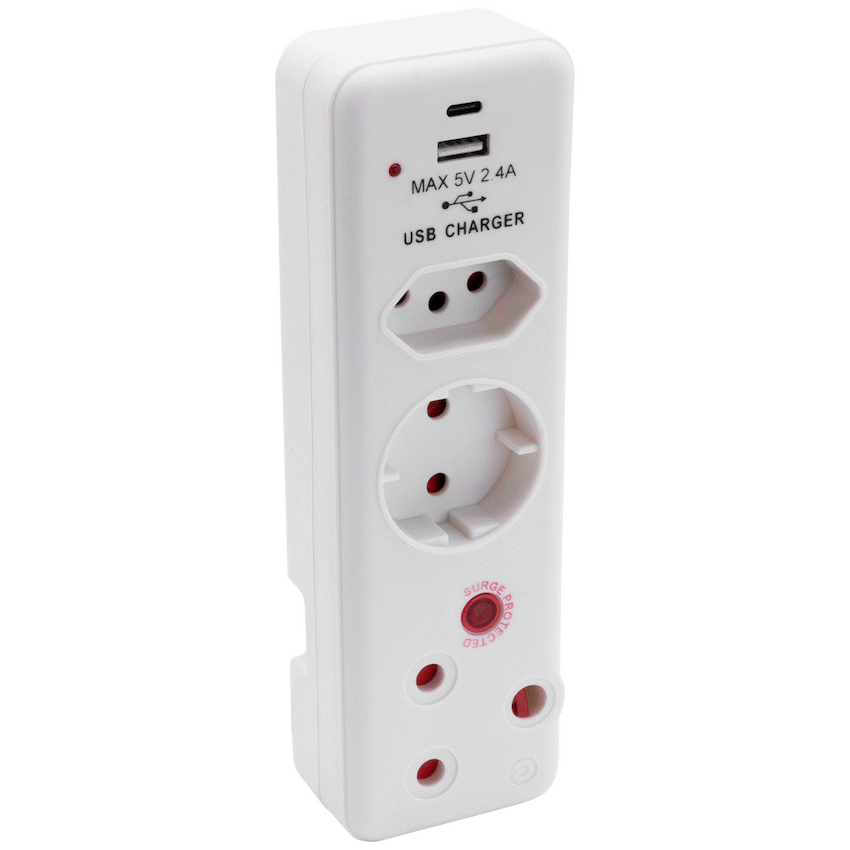 Ellies  3 Way Medium Surge adaptor Schuko,with type C + USB
