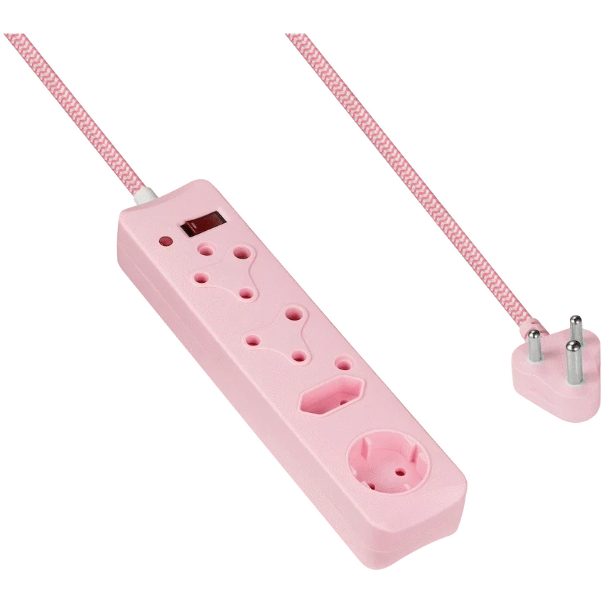 Switched 4-Way Surge-Protected Multiplug - 3m Braided Cord - Pink